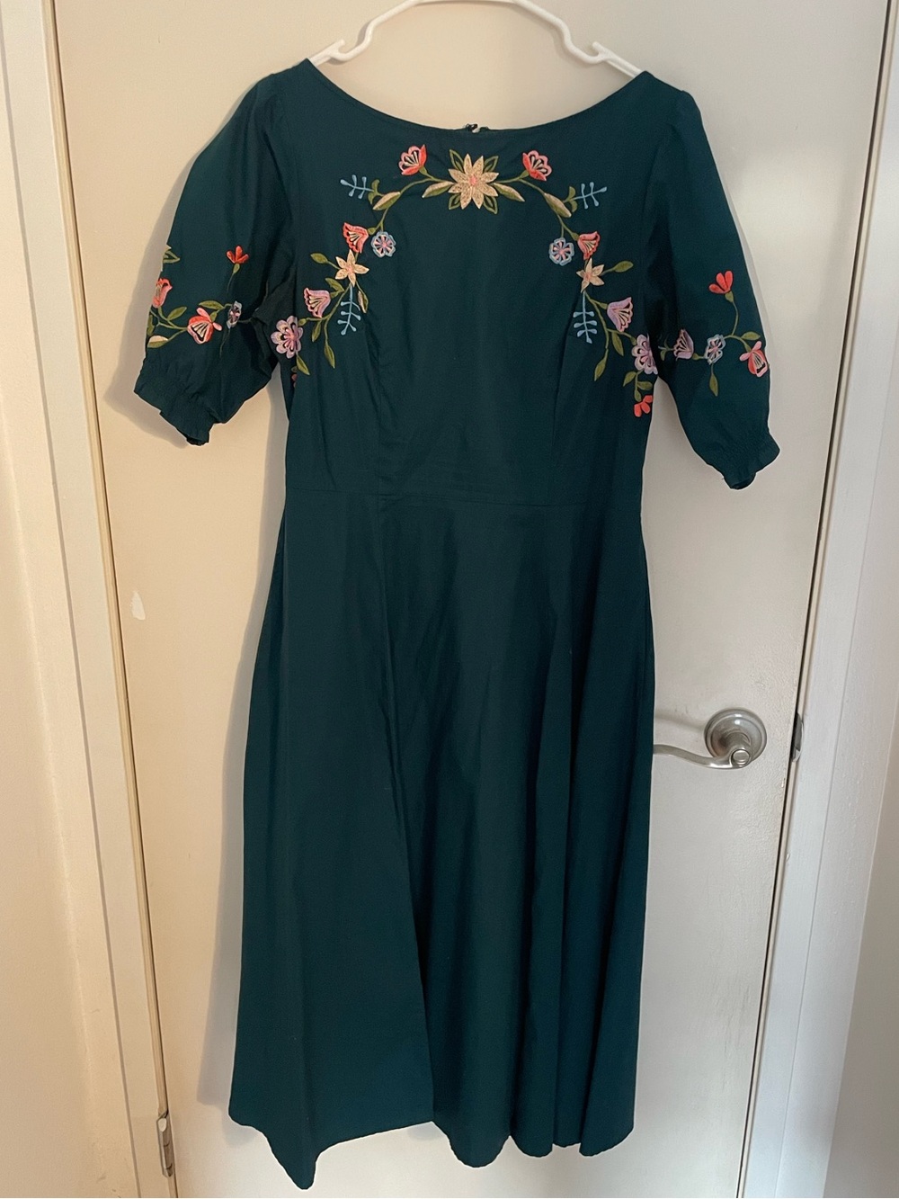 eshakti Teal Green Embroidered Midi Dress with Puff Sleeves - Picture 2 of 8